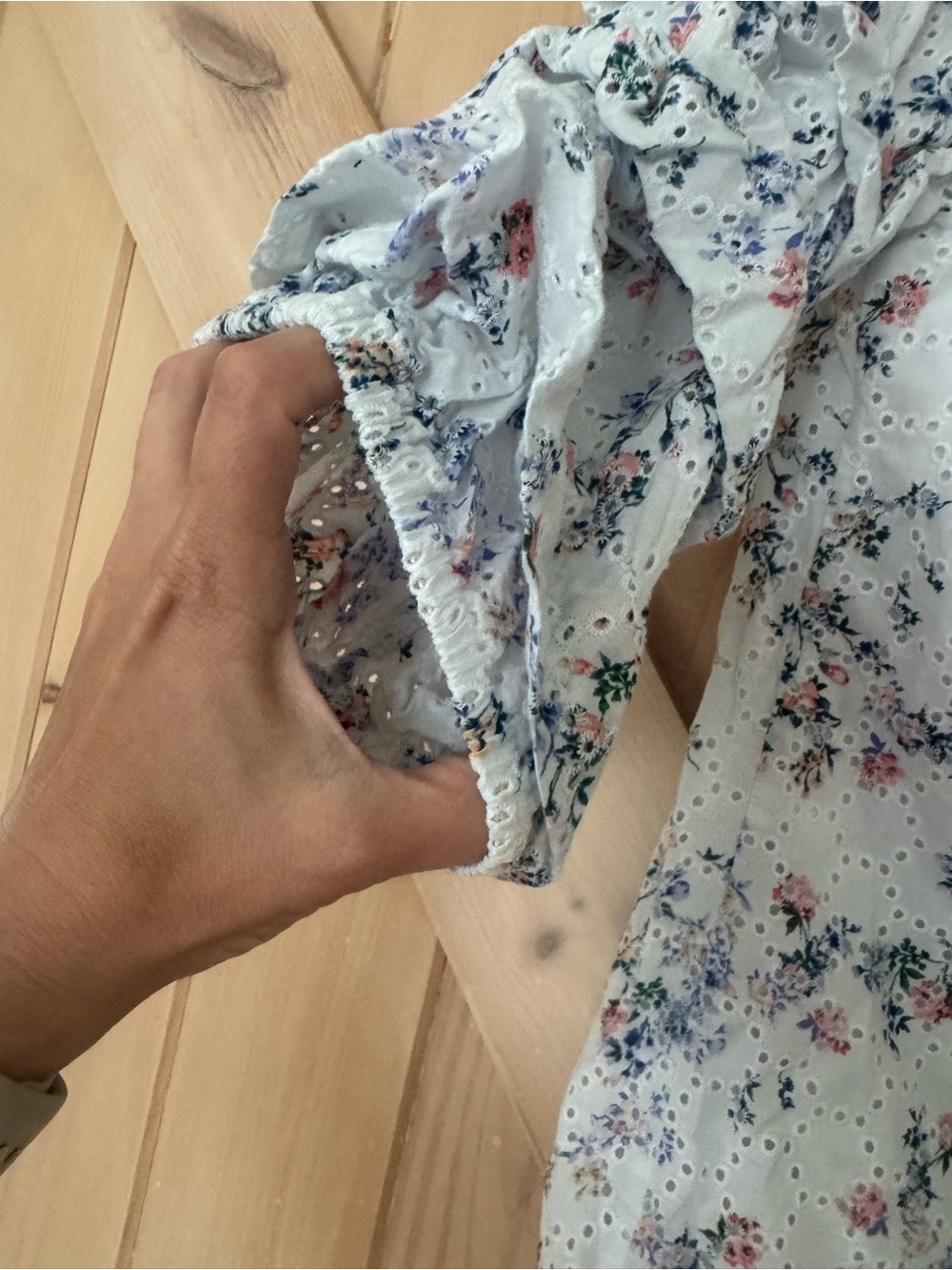 CeCe Light Blue Floral Eyelet Ruffle Sleeve Blouse - Picture 5 of 6